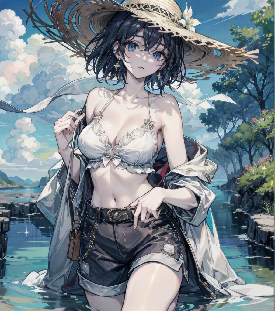 absurdres, RAW photo, extremely delicate and beautiful, masterpiece, Best Quality, ultra high resolution, 32k, hyperrealistic, ultra-detailed, detailed description, perfect anatomy, pale skin, 20 years old, detailed beautiful face and eyes, tearful mole, earring, short medium hair, wavy hair, full body shot, colossal tits, cargo shorts, bare collarbone, Crop top, straw hat, outdoors,