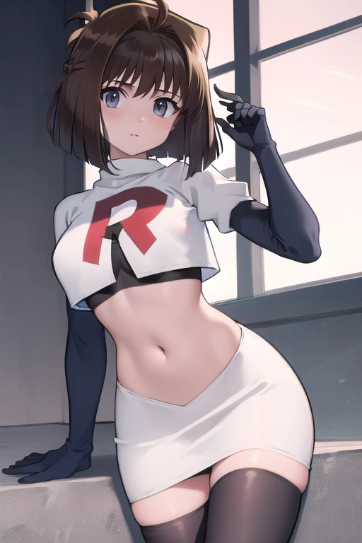 aamazaki, (antenna hair:1.2), medium breasts, team rocket,team rocket uniform,white skirt,red letter R,crop top,black thigh-highs,black elbow gloves,
beautiful, masterpiece, best quality, looking at viewer,