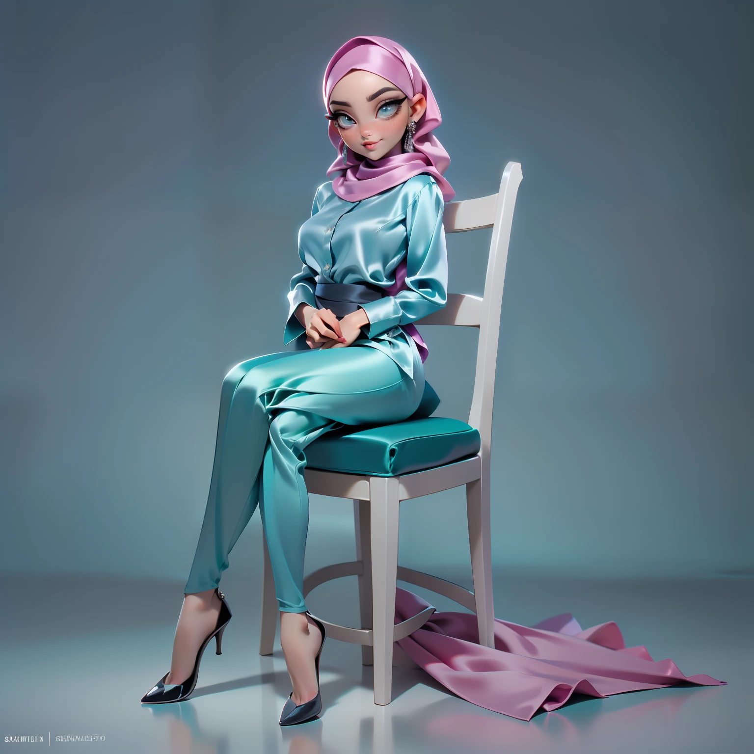 3DMM, ((Masterpiece, best quality, photography, detailed skin, realistic, photo-realistic, 8k, highly detailed, full length frame, High detail RAW color art, diffused soft lighting, shallow depth of field, sharp focus, hyperrealism, cinematic lighting, hijab, a woman, beautifully makeup, eyeshadow, beautiful big eyes, long eye lashes, tempting smile, wearing (Teal satin hijab), loosely tide hijab style, ((gray satin shirt)), satin long pants, pose for pictures, luxury hotel room, full body, front view
