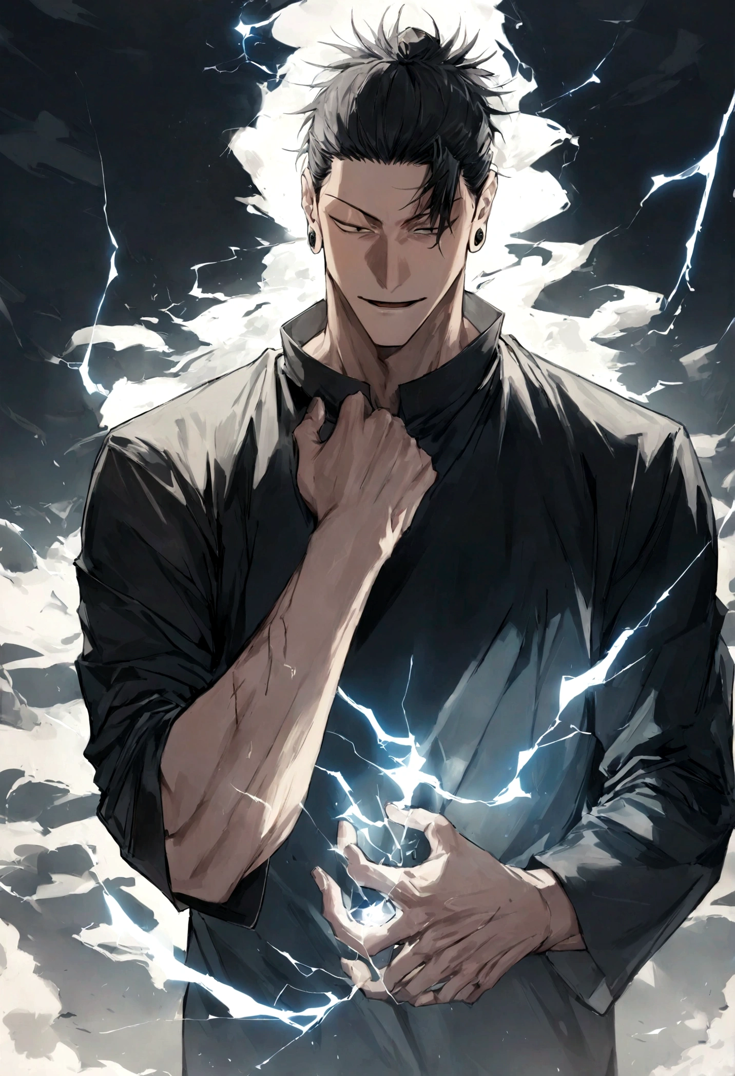 1 boy, Men's Center, Satoru gojou,Jujutsu Kaisen、Injury, electricity,, masterpiece, highest quality, so beautiful,、cool、、strongest、