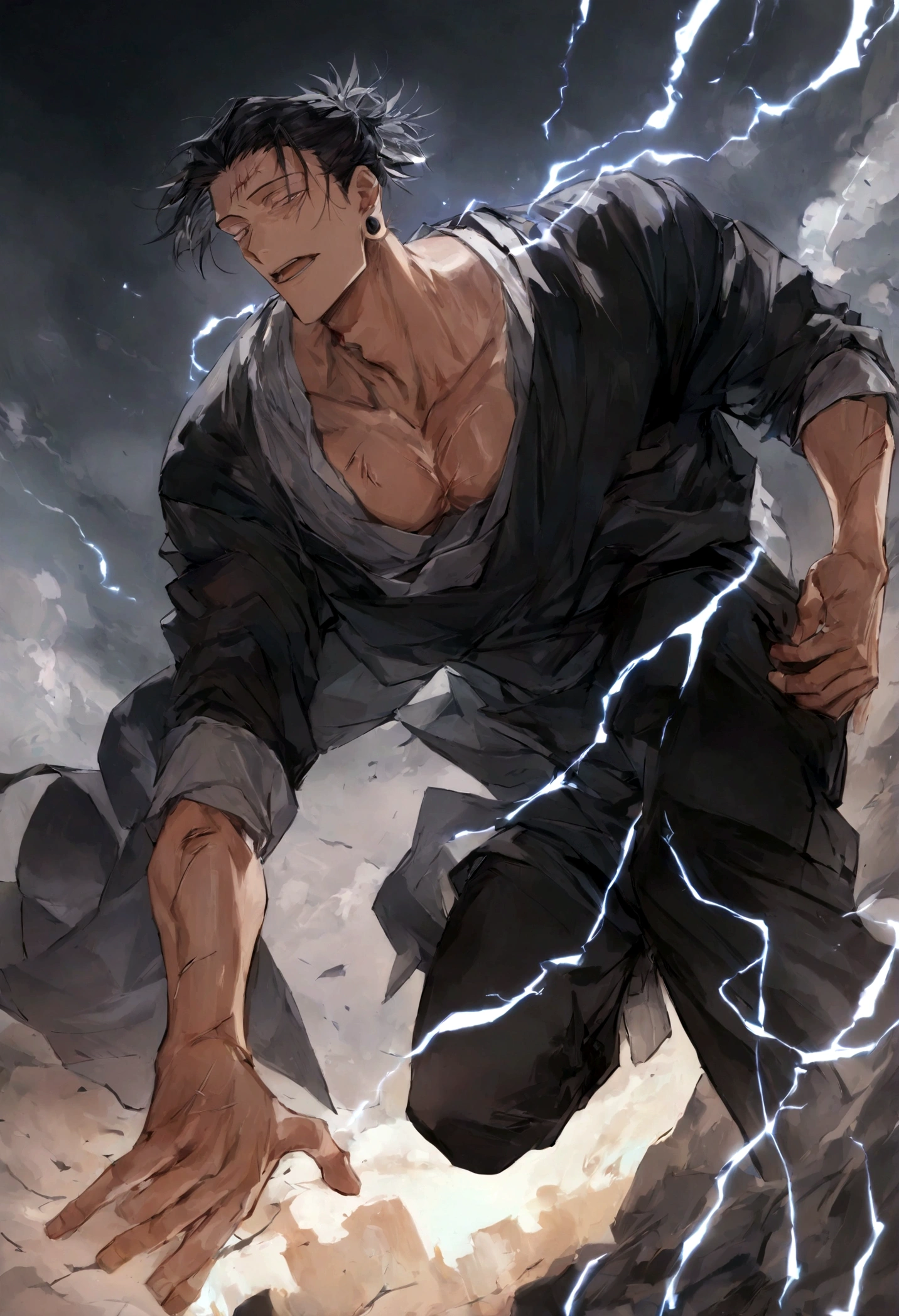 1 boy, Men's Center, Satoru gojou,Jujutsu Kaisen、Injury, electricity,, masterpiece, highest quality, so beautiful,、cool、、strongest、