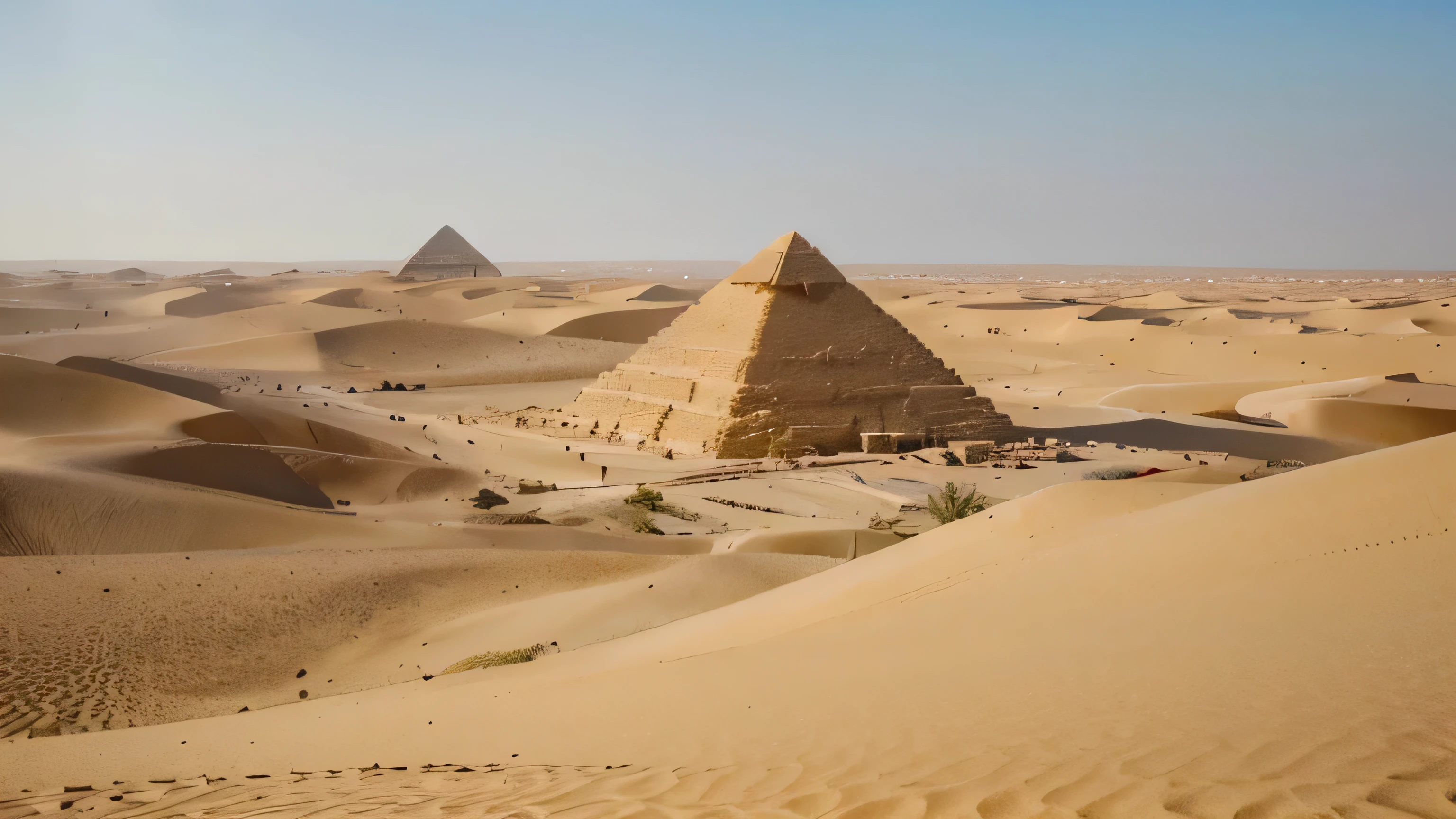 the vast expanse of the Egyptian desert, with its golden sands shimmering under the scorching sun. The majestic pyramids rise in the distance, veiled in a haze. The desert is filmed from a low angle, showcasing its breathtaking beauty
