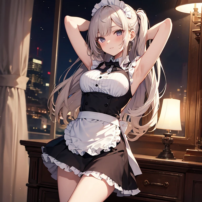 A maids, (in bedroom), various hair styles, night, details face, short skirt, seducing, sleeveless, maid uniform, armpits