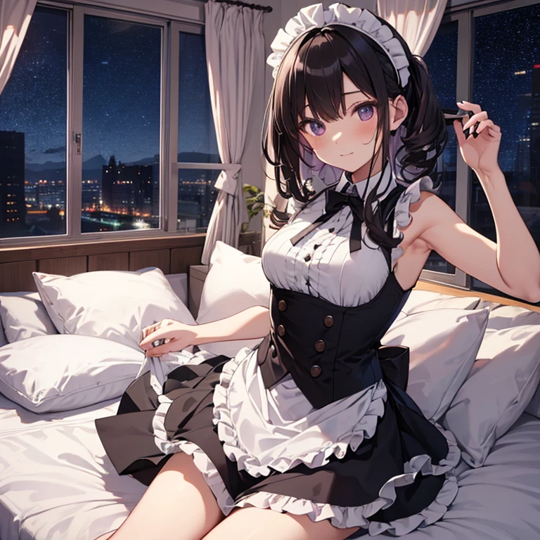 A maids, (in bedroom), various hair styles, night, details face, short skirt, seducing, sleeveless, maid uniform, armpits, lay on bed