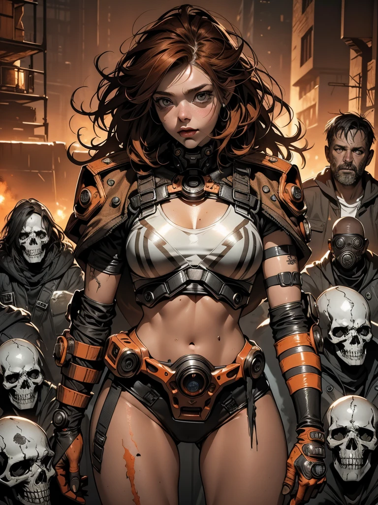 A highly detailed and realistic skull girl,( Anya. Taylor Joy) cyberpunk character, mad max furiosa, one hand robot, cyborg arm, orange hair, dramatic metal heavy rock theme, best quality, 8k, hyperrealistic, photorealistic, extreme detailed painting, studio lighting, vivid colors, dark moody atmosphere, cinematic, dramatic pose, intricate mechanical details, glowing energy effects, intense gritty textures, seamless integration of organic and inorganic elements. Wearing the used clothes of a wastelander. Background: An apocalyptic wasteland. Dusty and depressing.