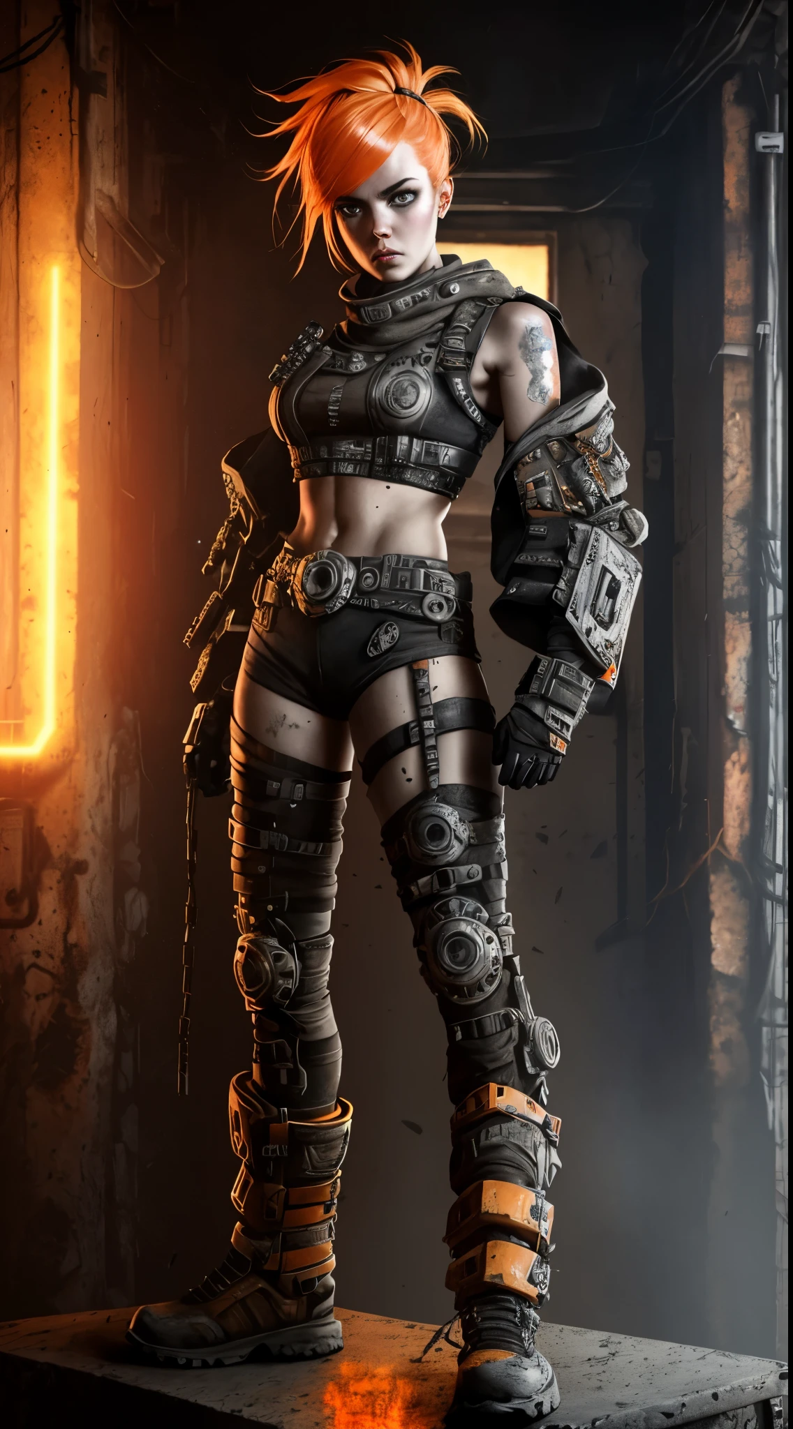 A highly detailed and realistic skull girl,( Anya. Taylor Joy) cyberpunk character, mad max furiosa, one hand robot, cyborg arm, orange hair, dramatic metal heavy rock theme, best quality, 8k, hyperrealistic, photorealistic, extreme detailed painting, studio lighting, vivid colors, dark moody atmosphere, cinematic, dramatic pose, intricate mechanical details, glowing energy effects, intense gritty textures, seamless integration of organic and inorganic elements. Wearing the used clothes of a wastelander. Background: An apocalyptic wasteland. Dusty and depressing.