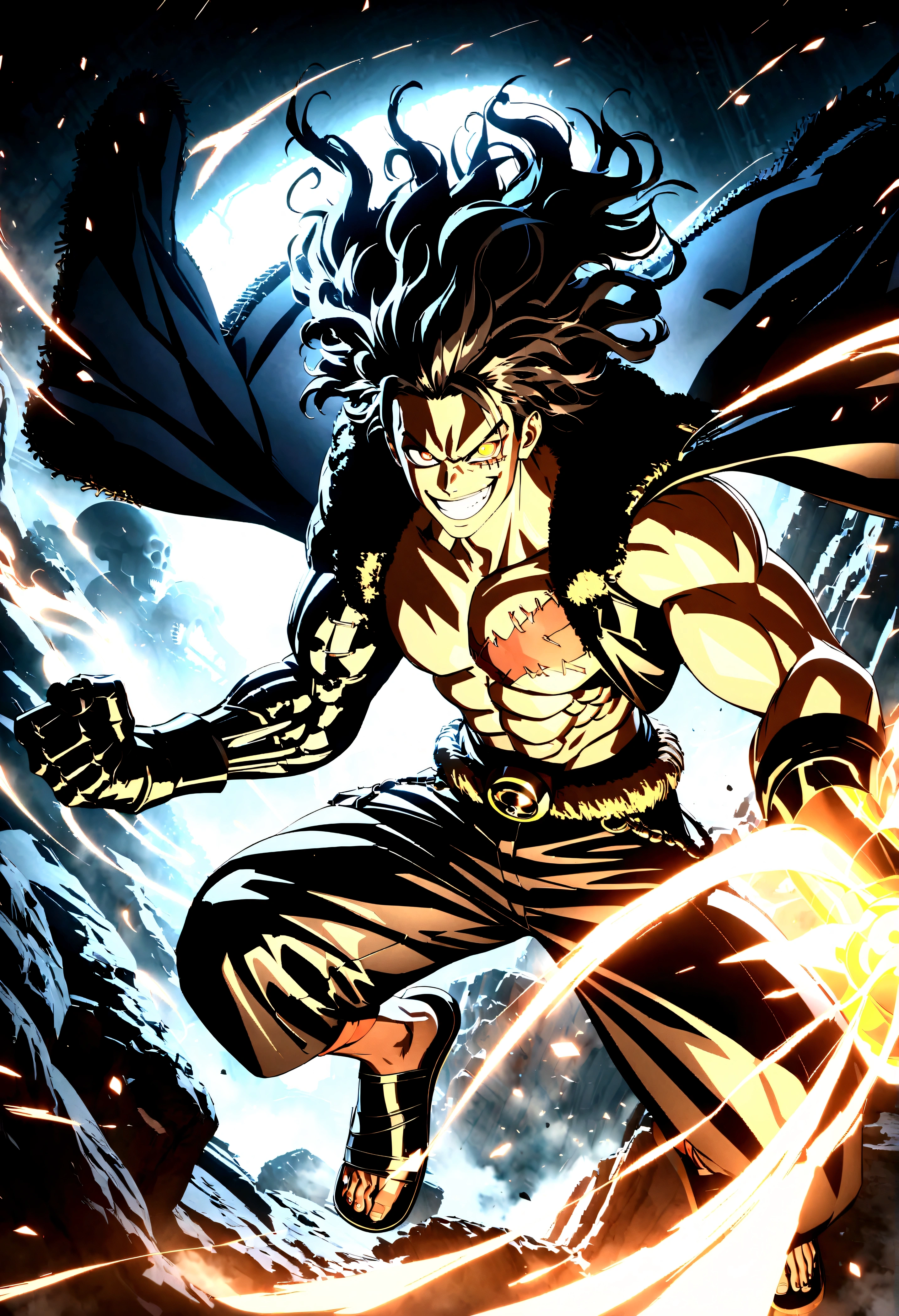 Full body shot,Monkey D. Luffy,Gear fourth,black hair,armor,dark skin,an evil grin on his face,eyes glow blue, wearing a pair of huge gloves and holding a fist,dynamic pose,smile,male focus,shorts,teeth,grin,scar,sandals,(straw hat:1.1),stitches,skeleton,bone,scar on chest,well-developed muscles, pectoral and abdominal muscles,grey mist swirling around him,swirling smoke effects on a smoke background,high resolution with high contrast, cinematic lighting, vibrant colors, sharp focus and high detail.,unreal engine 5,panorama,Full body,Cyberpunk,Kodak Ektachrome E100,Kodak Portra 160,Kodak Ektar 100,Kodak Portra 400,Iconic character splash art
