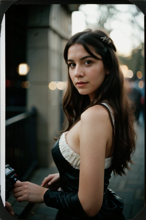 Polaroid-Foto, Nachtfoto, Foto von 24 Jahren.oh beautiful woman, blasse Haut, bokeh, Motion blur,star wars cosplay.