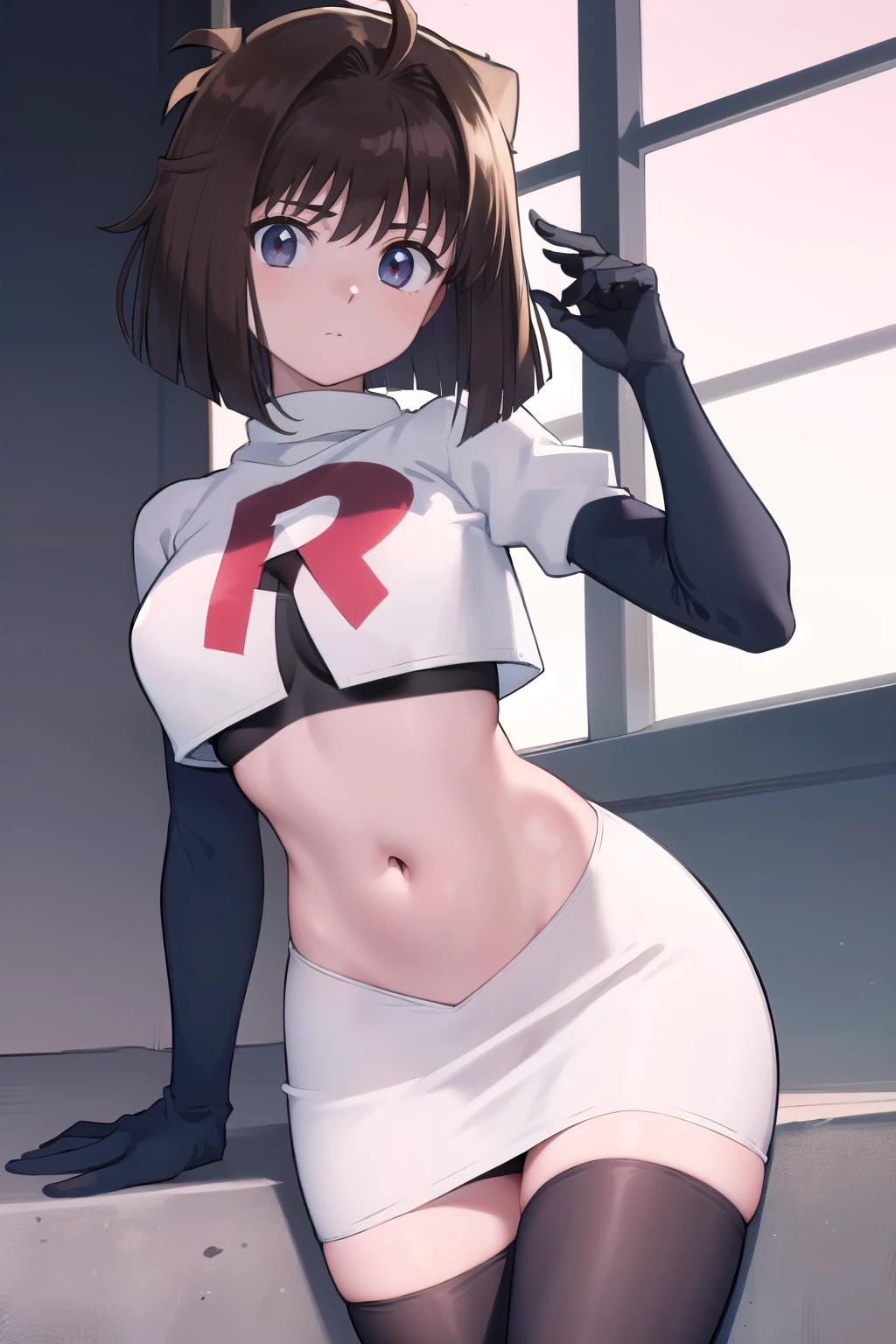 aamazaki, (antenna hair:1.2), medium breasts, team rocket,team rocket uniform,white skirt,red letter R,crop top,black thigh-highs,black elbow gloves,
beautiful, masterpiece, best quality, looking at viewer,