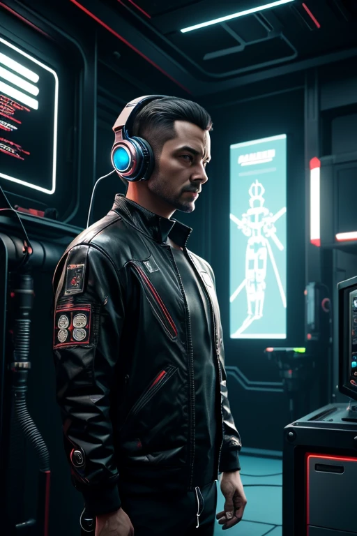 a man with headphones standing next to a robot, cyberpunk art by Jason A. Engle, cgsociety, retrofuturism, ilya kuvshinov, sci-fi, futuristic, vibrant, photorealistic, realistic, dramatic, cinematic lighting, sharp focus, 8k