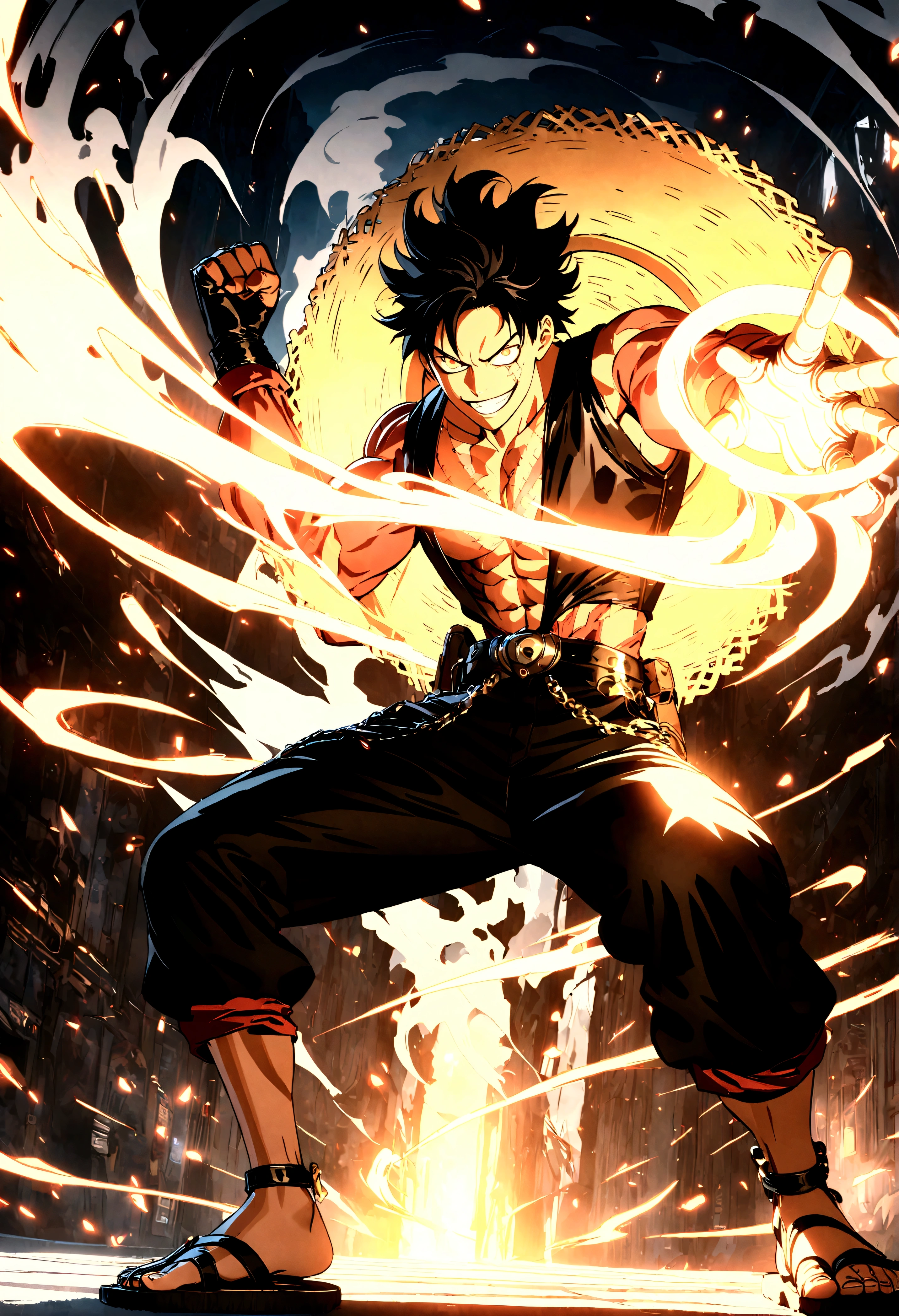 Full body shot,Monkey D. Luffy,Gear fourth,black hair,armor,dark skin,an evil grin on his face,eyes glow blue, wearing a pair of huge gloves and holding a fist,dynamic pose,smile,male focus,shorts,teeth,grin,scar,sandals,(straw hat:1.1),stitches,skeleton,bone,scar on chest,well-developed muscles, pectoral and abdominal muscles,grey mist swirling around him,swirling smoke effects on a smoke background,high resolution with high contrast, cinematic lighting, vibrant colors, sharp focus and high detail.,unreal engine 5,panorama,Full body,Cyberpunk,Kodak Ektachrome E100,Kodak Portra 160,Kodak Ektar 100,Kodak Portra 400,Iconic character splash art
