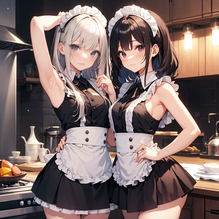 A maids, (in kitchen), various hair styles, night, details face, short skirt, seducing, sleeveless, maid uniform, armpits