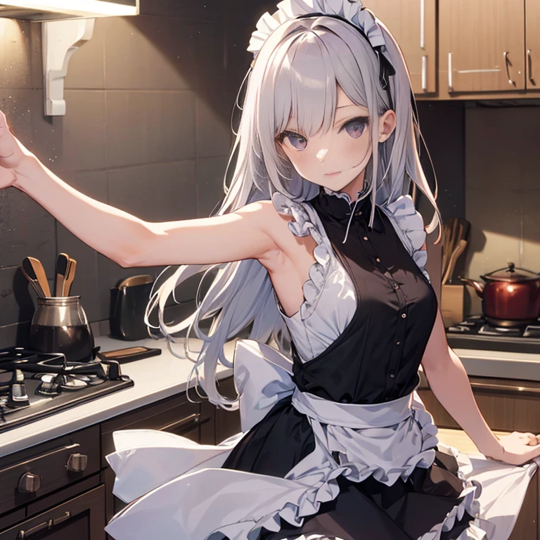 A maids, (in kitchen), various hair styles, night, details face, short skirt, seducing, sleeveless, maid uniform, armpits