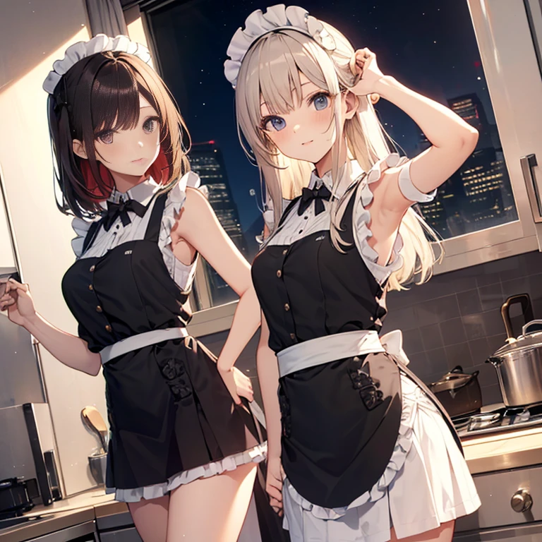 A maids, (in kitchen), various hair styles, night, details face, short skirt, seducing, sleeveless, maid uniform, armpits