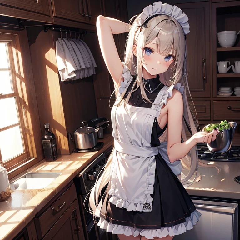 ((1 girl))、(smile:1.3)、Small breastsのヌード、(Cowboy Shot)、(fun!!)、、Black Shirt、blouse、(blush:1.4)、()、(Small breasts)、(long hair:1.3)、()、Blonde、(Long sleeve)、((White apron:1.5))、((Maid))、((hair ornaments)),、Kamimei、look at me、、(blush:1.4)、()、Chest roll-up clothing,Pulling on clothes,((Flat Chest:1.3))、((I can see your nipples:1.5)),(), No bra, (Black Skirt),Look Down, ((in house:1.5))、Upper Body,Shirt Roll Up Shirt Sweater High Resolution,Look Down, Upper Body,Fair skin,classroom,Small breasts,Shaved pussy、Light blue eyes、
