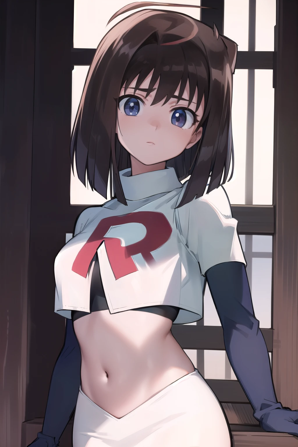 aamazaki, (antenna hair:1.2), medium breasts, team rocket,team rocket uniform,white skirt,red letter R,crop top,black thigh-highs,black elbow gloves,
beautiful, masterpiece, best quality, looking at viewer,