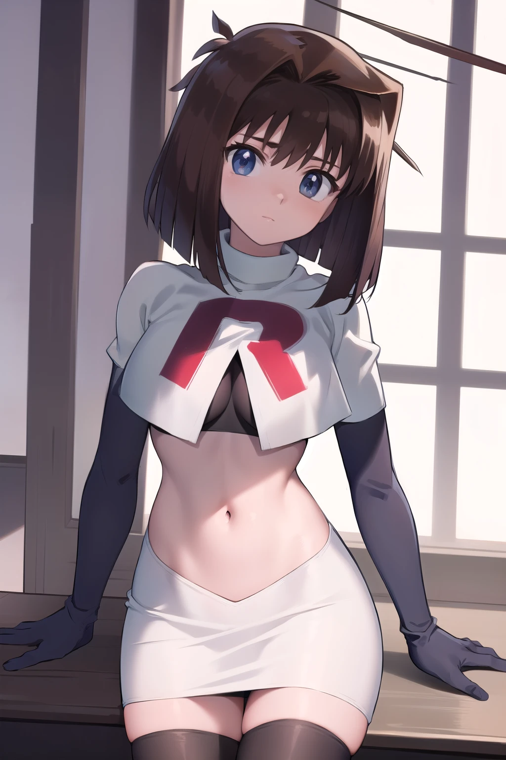 aamazaki, (antenna hair:1.2), medium breasts, team rocket,team rocket uniform,white skirt,red letter R,crop top,black thigh-highs,black elbow gloves,
beautiful, masterpiece, best quality, looking at viewer,