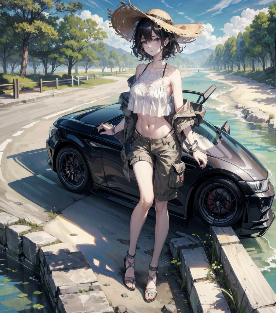 absurdres, RAW photo, extremely delicate and beautiful, masterpiece, Best Quality, ultra high resolution, 32k, hyperrealistic, ultra-detailed, detailed description, perfect anatomy, pale skin, 20 years old, detailed beautiful face and eyes, tearful mole, earring, short medium hair, wavy hair, full body shot, colossal tits, cargo shorts, bare collarbone, Crop top, straw hat, outdoors,