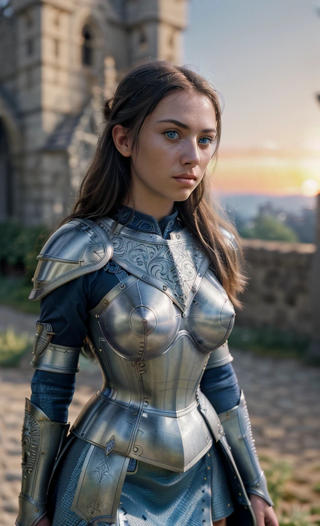 (masterpiece), (extremely intricate:1.3), (realistic), portrait of a girl, blue eyes, the most beautiful in the world, (medieval armor), metal reflections, upper body, outdoors, intense sunlight, far away castle, professional photograph of a stunning woman detailed, sharp focus, dramatic, award winning, cinematic lighting, octane render  unreal engine,  volumetrics dtx, (film grain, blurry background, blurry foreground, bokeh, depth of field, sunset, motion blur:1.3), chainmail