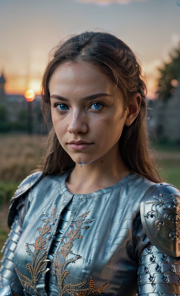 (masterpiece), (extremely intricate:1.3), (realistic), portrait of a girl, blue eyes, the most beautiful in the world, (medieval armor), metal reflections, upper body, outdoors, intense sunlight, far away castle, professional photograph of a stunning woman detailed, sharp focus, dramatic, award winning, cinematic lighting, octane render  unreal engine,  volumetrics dtx, (film grain, blurry background, blurry foreground, bokeh, depth of field, sunset, motion blur:1.3), chainmail