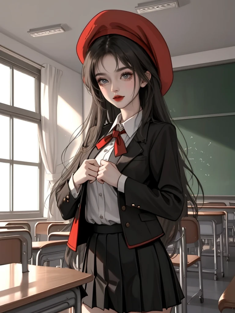 (masterpiece,best quality,1girl, black long  hair,wearing a ,red berret,black skirt, ,standing, classroom,