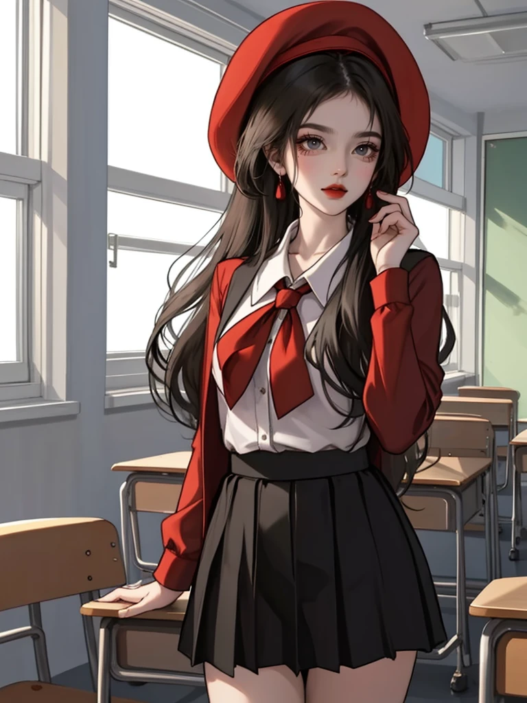 (masterpiece,best quality,1girl, black long  hair,wearing a ,red berret,black skirt, ,standing, classroom,