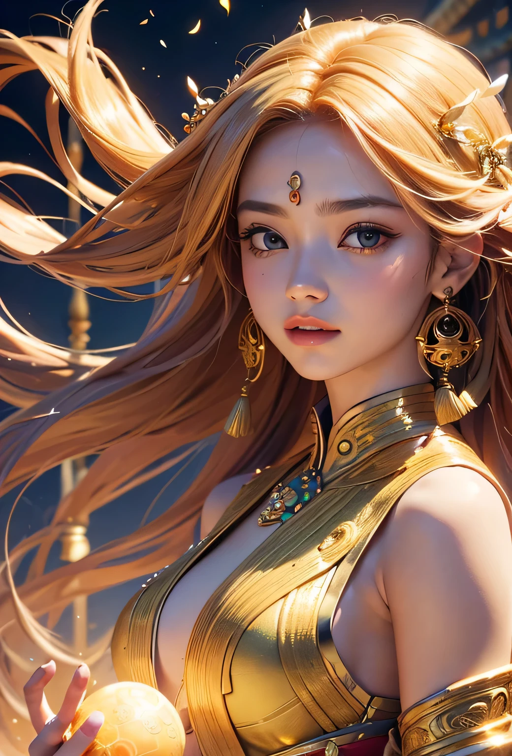 "Child of the Sun, Goddess of Love": Within a sacred sanctuary bathed in sunlight, depict the figure of a sun goddess who governs love, facing forward and emanating divine radiance. She is a , around 3 years old. Zoom in to focus on her face, with a gleaming orb of light in her hands, representing the life-giving power of the sun. Her hair is shimmering gold, and she is wearing a traditional miko outfit as seen in Japanese shrines. The background should be predominantly gold, evoking a sense of divine splendor, with numerous heart-themed objects expressing the beauty of love. The setting is in heaven, enveloped in soft, bright light, where one can find tranquility and peace of mind, free from any trace of anxiety.
