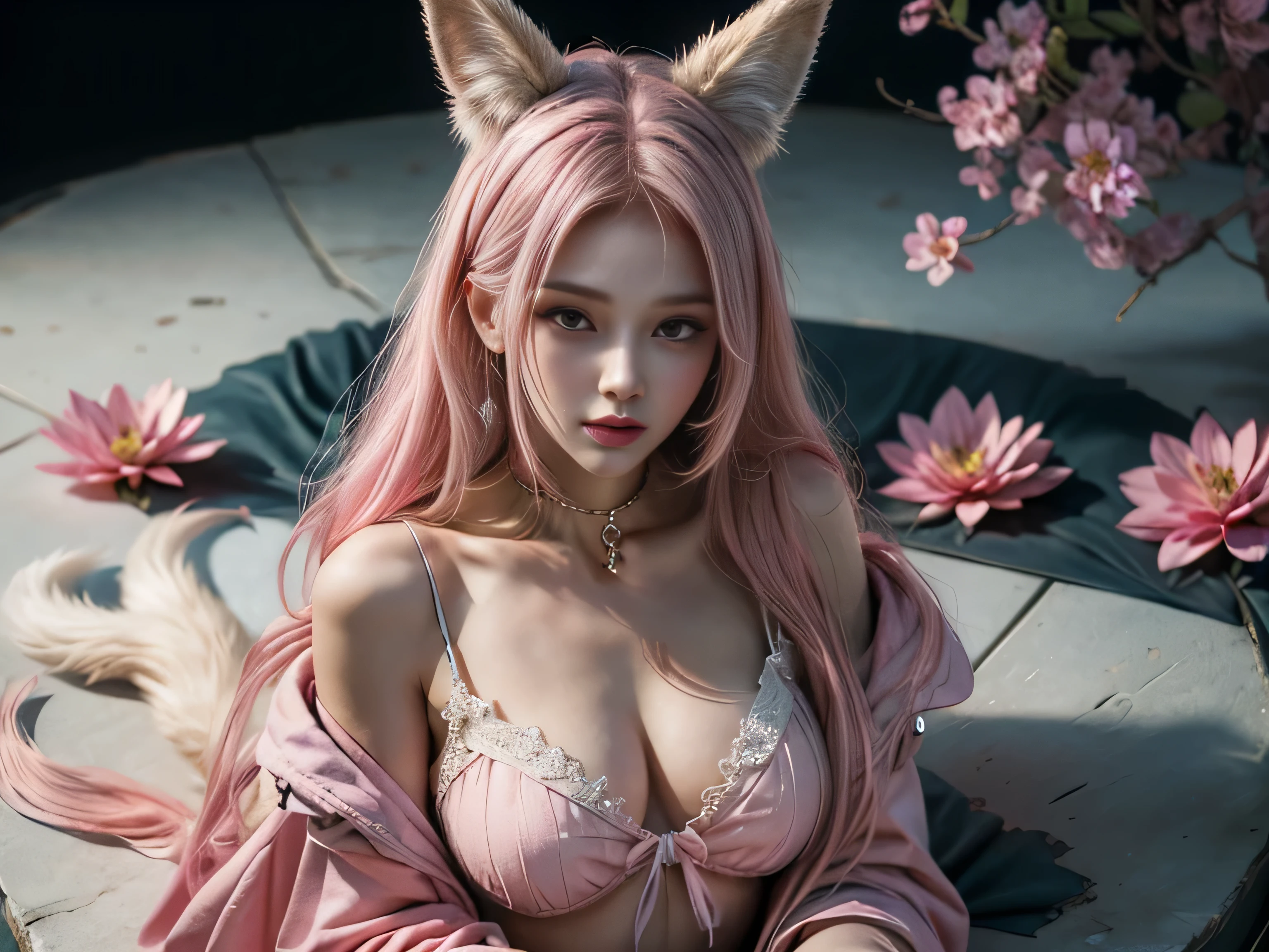 (Best Quality, 8K, Masterpiece, HDR, Soft Lighting, Picture Perfect, Realistic, Vivid), Nine tails of snow white fox(1.0), milk fox tail(1.0), nine tailed fox, anime girl with pink hair and pink, dressed in sexy leather suit, beautiful fantasy anime, very beautiful and cute fox girl, pink flower rain, background blur, anime fantasy, work in the style of Gouves, realistic:1.37, view from above, lies in pink flowers, horizontal view, (ultra high quality fantasy art), masterpiece, male model, ultra high quality female character designs, anime art with 8k development, realistic anime art, highest quality wallpaper illustrations, complex ultra high quality accurate female characters faces, high quality design and accurate physics (super-quality fantasy style)), art, dark fantasy)) Style), masterpieces, super-quality characters, anime resolution - 8K, realistic anime art, wallpapers with the highest quality illustrations, ultra-high detail of faces, high-quality design and physics accuracy), color, depth of field, shadows, ray tracing, production of high-quality computer wallpapers and 8K resolution, (Accurate simulation of the interaction of light and materials)], [High-quality detailed hair [More about beautiful and shiny red hair]], (Beautifully detailed hands [perfect fingers [Perfect nails]], (perfect anatomy (perfect proportions)))) [[Full length]], [Perfect color combination (Accurate imitation of the interaction of light and material)], [art that conveys the meaning of the story ]