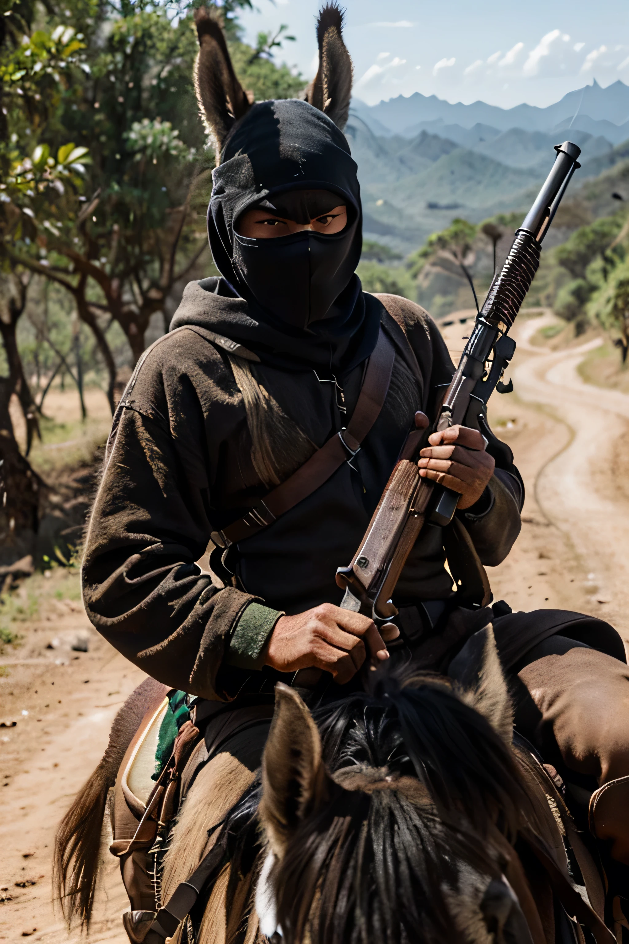 A man riding a donkey in the northeastern Brazilian backlands wearing bandit clothing and carrying a rifle.