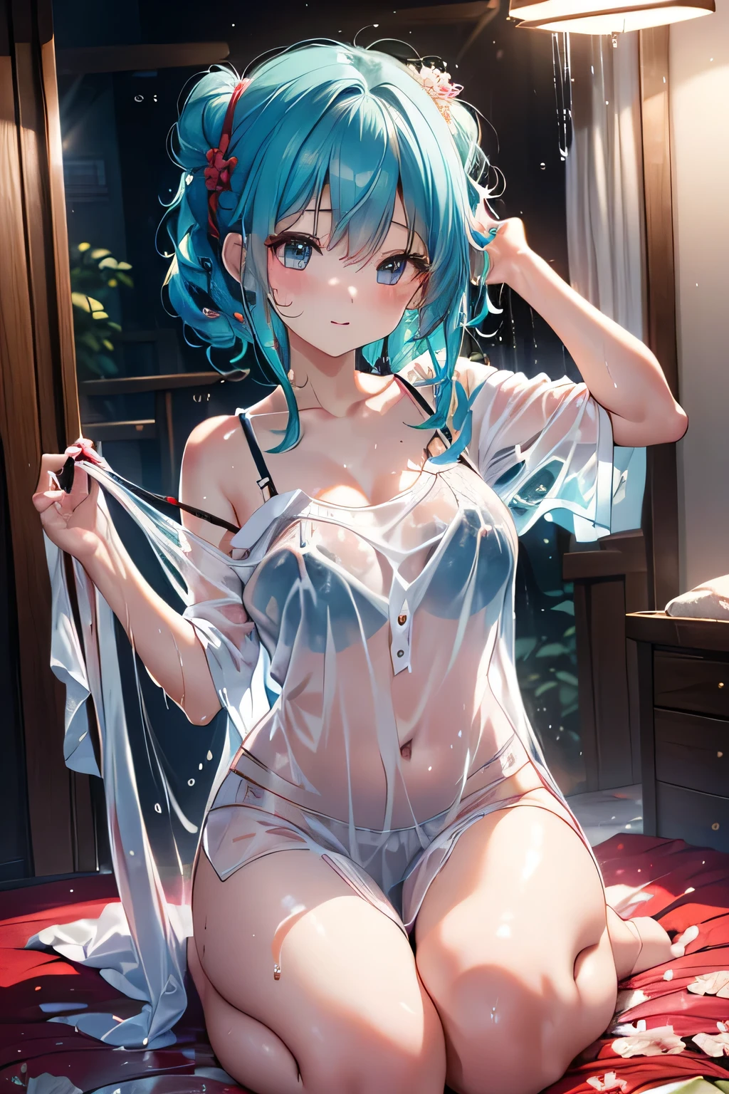 (((Bedroom))),(((Crouch on the floor:1.3))),(((clothes on hangers:1.3))),(((Wet see-through chemise:1.3))),(((Red underwear:1.3))),(((Exposing Skin))),Cute Face,(Aqua blue hair,Floral knit headband,Half Up、Floral braided space buns,Voluminous fishtail braid, pan,),(The bangs are see-through),hairpin,hair ornaments,Blushing、Pointed red mouth、Perfect round face,iris,(Perfect body curves),Big Breasts.Wet Hair、Wet clothes、Wet Skin、Professional Lighting,Cinematic Light,(Tabletop,highest quality,Ultra-high resolution output images,) ,(8K quality,),(Picture Mode Ultra HD,)