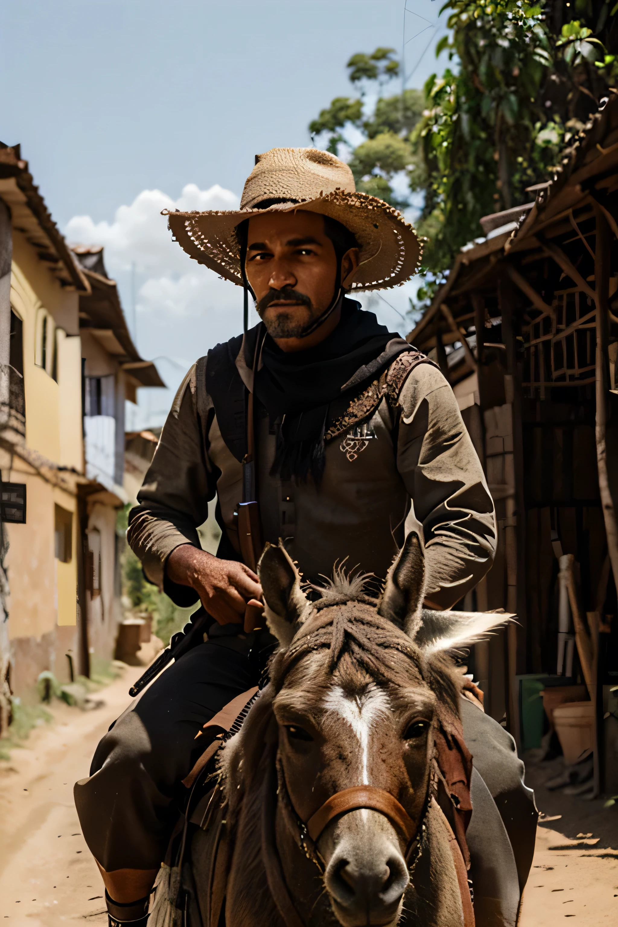 A man riding a donkey in the northeastern Brazilian backlands wearing bandit clothing and carrying a rifle.