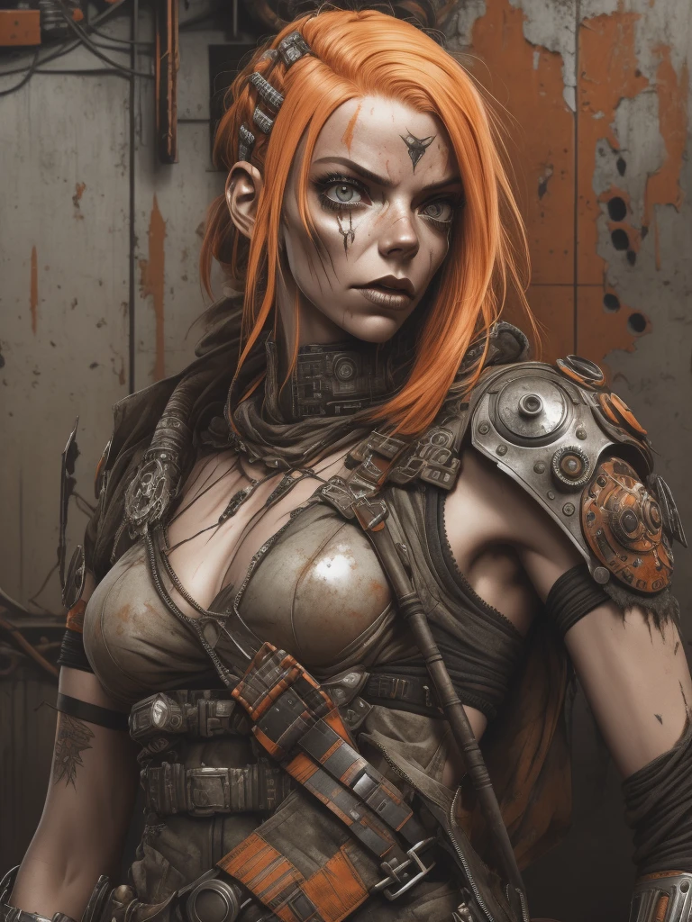 A highly detailed and realistic skull girl,( Anya. Taylor Joy) cyberpunk character, mad max furiosa, one hand robot, cyborg arm, orange hair, dramatic metal heavy rock theme, best quality, 8k, hyperrealistic, photorealistic, extreme detailed painting, studio lighting, vivid colors, dark moody atmosphere, cinematic, dramatic pose, intricate mechanical details, glowing energy effects, intense gritty textures, seamless integration of organic and inorganic elements. Wearing the used clothes of a wastelander. Background: An apocalyptic wasteland. Dusty and depressing.