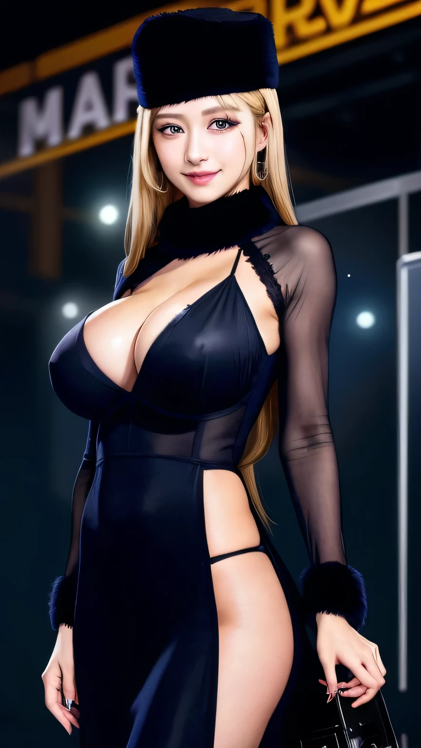 Material, Long Hair, Blonde Hair,Fur trim, Black Hat, Fur has, dress,(Cowboy Shot:1.1), Yellow Eyes, (luggage:1.1), vapor (station:1.1),Station platform, night, Milky Way,999 highest quality, Very detailed, masterpiece, Absurd,8k, (Fine grain, Deep Eyes),photoRealistic, Realistic,Detailed skin texture, Detailed pupil,High resolution,
1 Female,(Happy:1.1),smile, (Angular face:1.2),Shining Face,Big Breasts, (Tight waist:1.1), Lip Makeup,Long eyelashes
