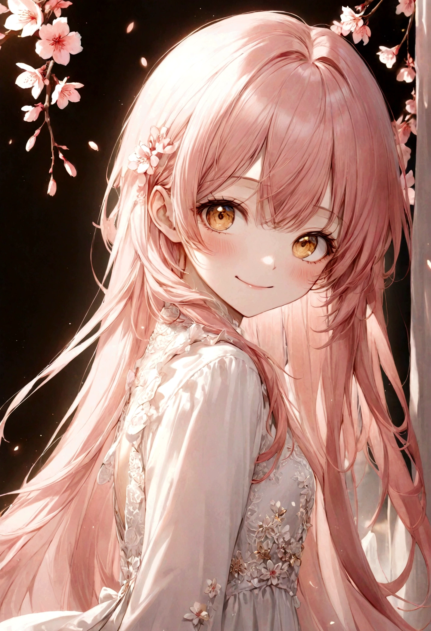 ((top-quality)), ((​masterpiece)), ((ultra-detailliert)), (extremely delicate and beautiful), peach pink hair, peach blossoms in the background, long straight hair, golden eyes, pretty girl, innocent, pure, smiling, wearing fairy white dress