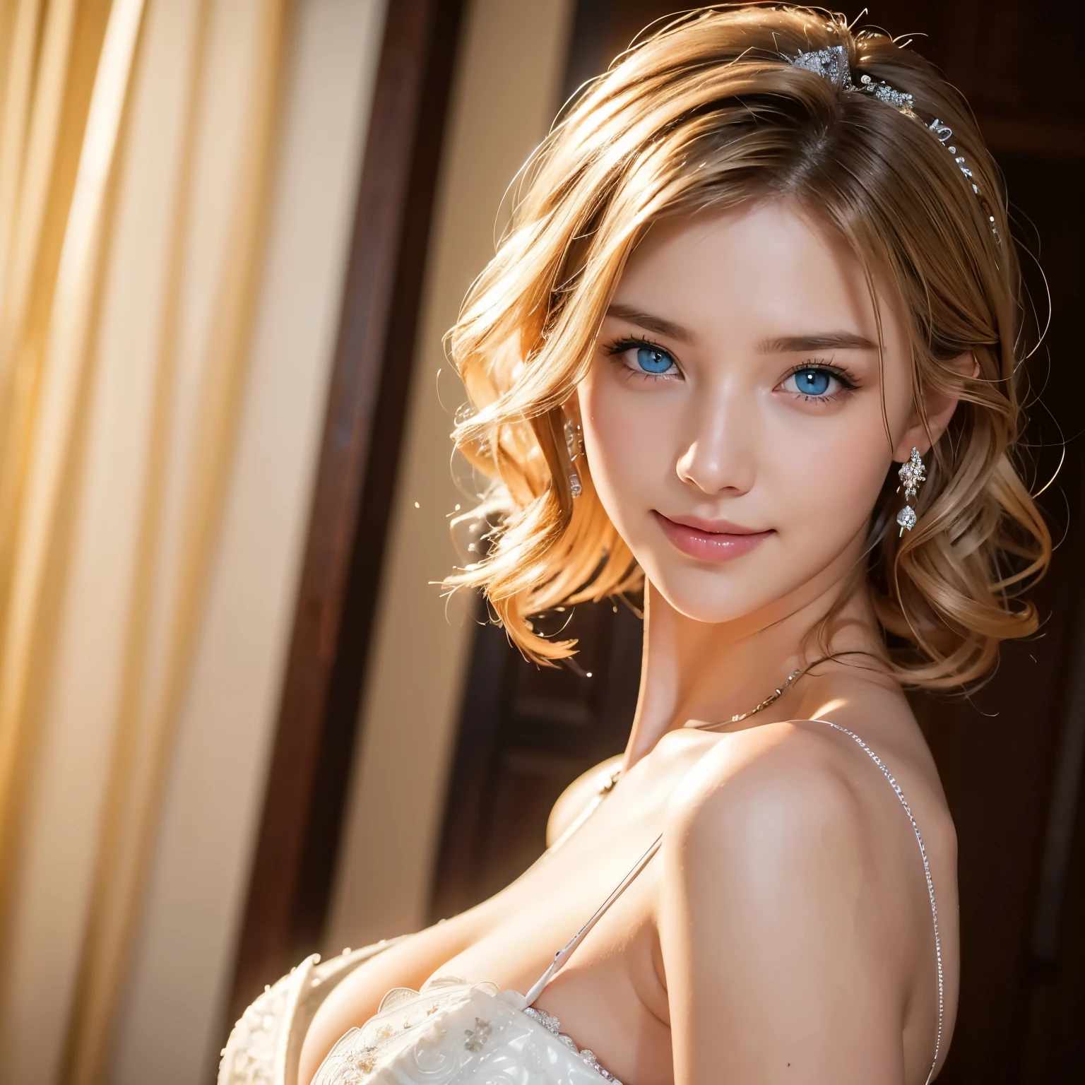 Wedding dress、weddress、blue eyes、blonde、幸せな顔short hair、Full body photo、Sexy Face、short hair、 (((masterpiece)))、((highest quality))、((超Realistic))、perspective、Very detailed、The perfect temptation、Best image quality、Fine-grained image quality、beautiful、European, woman, French, woman Italian, Italian, jewelry, blue eyes, Realistic, High resolution, Glowing Skin, (Detailed face),tattoo, jewelry, Wavy Hair,attractive appearance, smile, Perfect Style,Ｄcup 、 Perfect balance, 