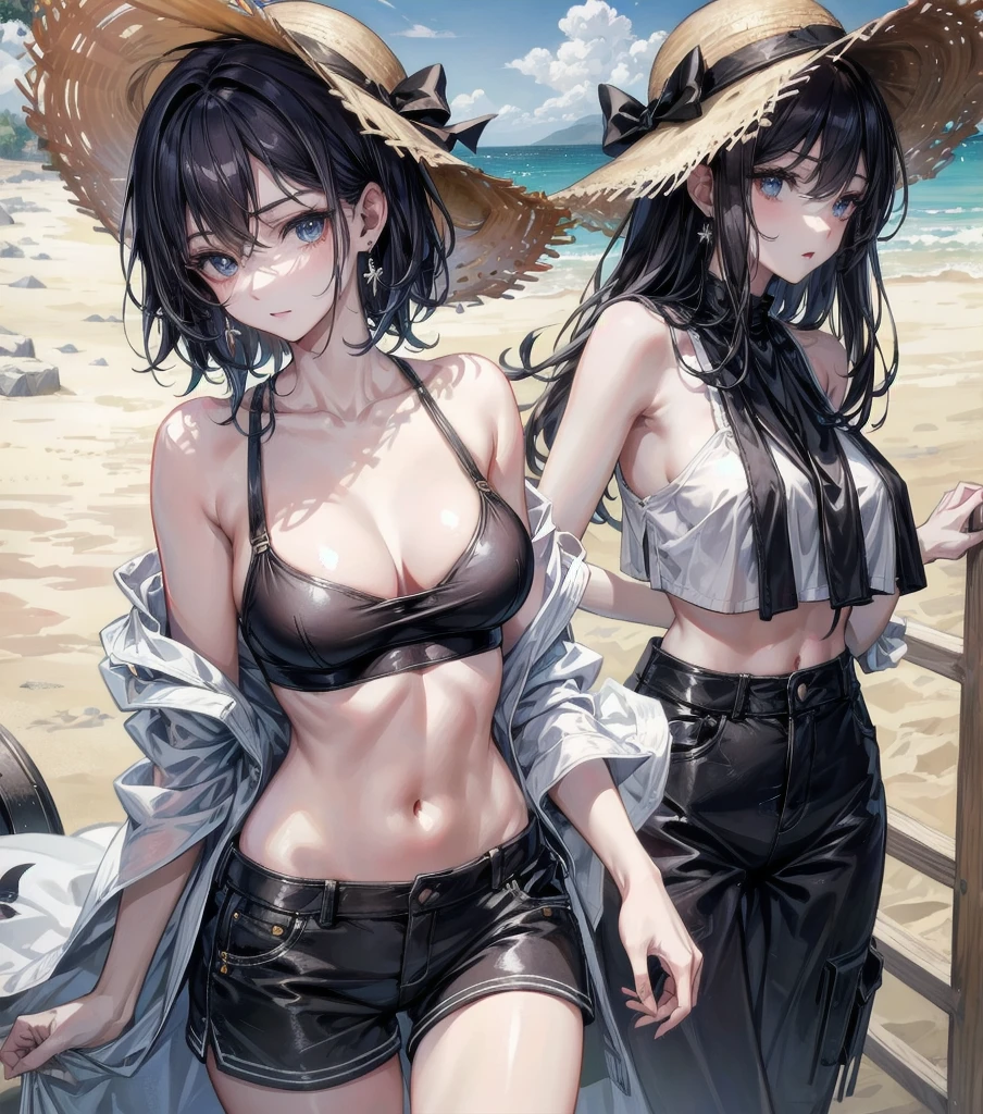 absurdres, RAW photo, extremely delicate and beautiful, masterpiece, Best Quality, ultra high resolution, 32k, hyperrealistic, ultra-detailed, detailed description, perfect anatomy, pale skin, 20 years old, detailed beautiful face and eyes, tearful mole, earring, short medium hair, wavy hair, whole body shot, colossal tits, cargo shorts, bare collarbone, Crop top, straw hat, outdoors,