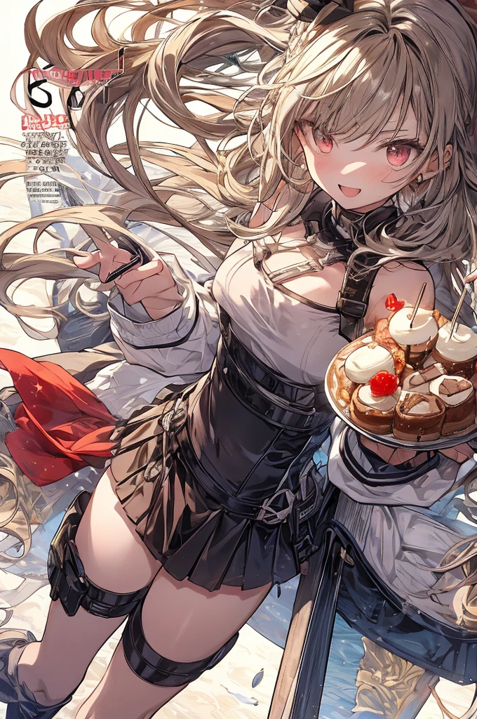 (small breasts:1.2), (perky chest:1.2), (pointed chest:1.2), (Pudding cake magazine cover:1.3),(from above:1.0),(shoot from the side:1.1),masterpiece, 1girl, Amazing Cleavage:1.1, thin waist, optimum,tmasterpiece,hight resolution,best qualtiy,hyper HD,super detailing,awardwinning,a 18yo cute girl,(The upper part of the body),anatomy correct,Beautiful Black miniskirt,garters,Gaze,Small face,bangss,holster,Beautuful Women,hands up,leg holster,Gaze,black boots,Cowboy Shot,cute face,a blond,Longhaire,Twin-tailed,Braids, Hairline,(scarlet eyes),long eyelasher,Hanging eye corners,White skin of the, ((see through camisole:1.1)), ((Sheer nipples:1.0)),Rocket Tits,(Slim body),smile,seductive weak smiling,(with sparkling eyes and a contagious smile),little open mouth, Looking at Viewer,