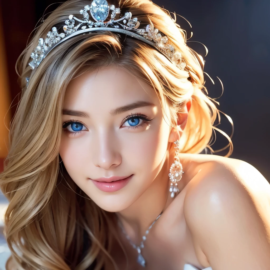 Wedding dress、weddress、blue eyes、blonde、Happy Face、tiara、宝石のtiara、short hair、Full body photo、Sexy Face、short hair、 (((masterpiece)))、((highest quality))、((超Realistic))、perspective、Very detailed、The perfect temptation、Best image quality、Fine-grained image quality、beautiful、European, woman, French, woman Italian, Italian, jewelry, blue eyes, Realistic, High resolution, Glowing Skin, (Detailed face),tattoo, jewelry, Wavy Hair,attractive appearance, smile, Perfect Style,Ｄcup 、 Perfect balance, 