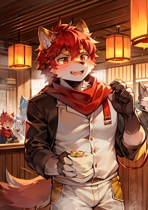 best quality: 0.8，4k，high quality，古风小Restaurant，Restaurant，Steaming，enthusiasm，warmth，Huang Cancan，Full of energy，Wolf，A man，Lovely，Wolf耳朵，Wolf兽人，teenager，Lovely帅气，Body hair，Red hair，Red scarf，flame。