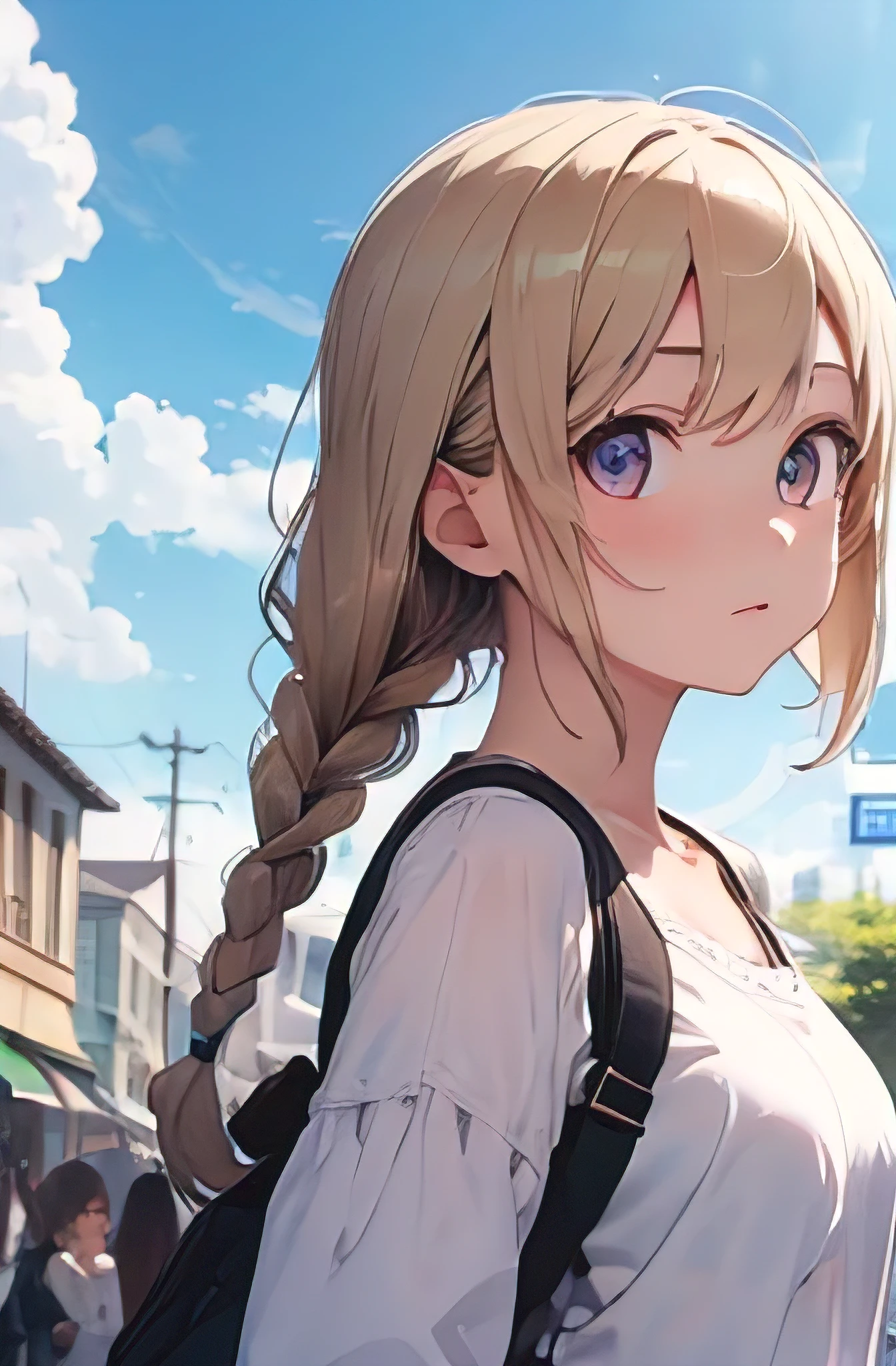best_quality, masterpiece,white_hair, gold_eyes,white_clothes, looking_up, upper_body,hair_strand,Fair_skin,side_braids