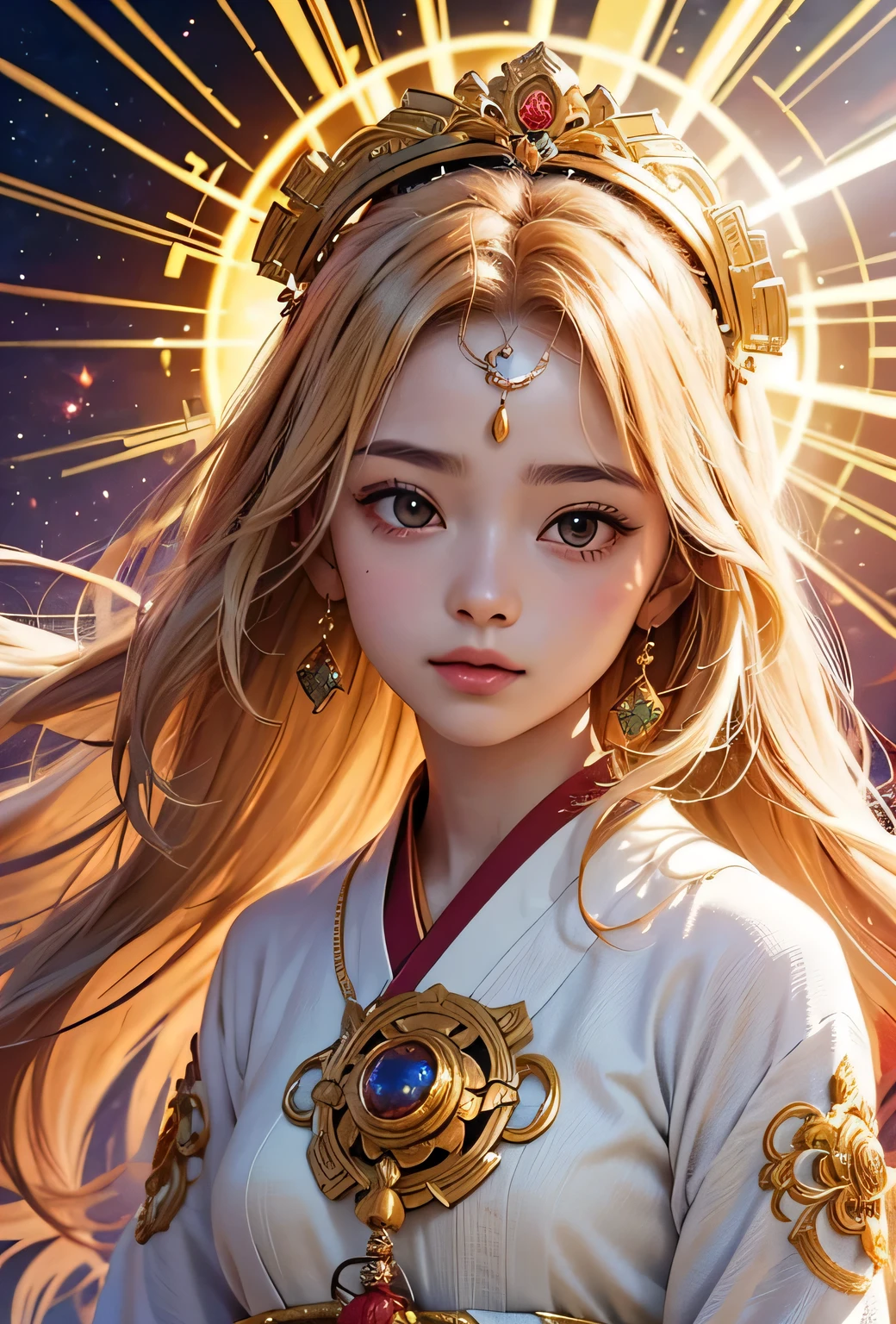 "Child of the Sun, Goddess of Love": Within a sacred sanctuary bathed in sunlight, depict the figure of a sun goddess who governs love, facing forward and emanating divine radiance. She is a , around 3 years old. Zoom in to focus on her face, with a gleaming orb of light in her hands, representing the life-giving power of the sun. Her hair is shimmering gold, and she is wearing a traditional miko outfit as seen in Japanese shrines. The background should be predominantly gold, evoking a sense of divine splendor, with numerous heart-themed objects expressing the beauty of love. The setting is in heaven, enveloped in soft, bright light, where one can find tranquility and peace of mind, free from any trace of anxiety.