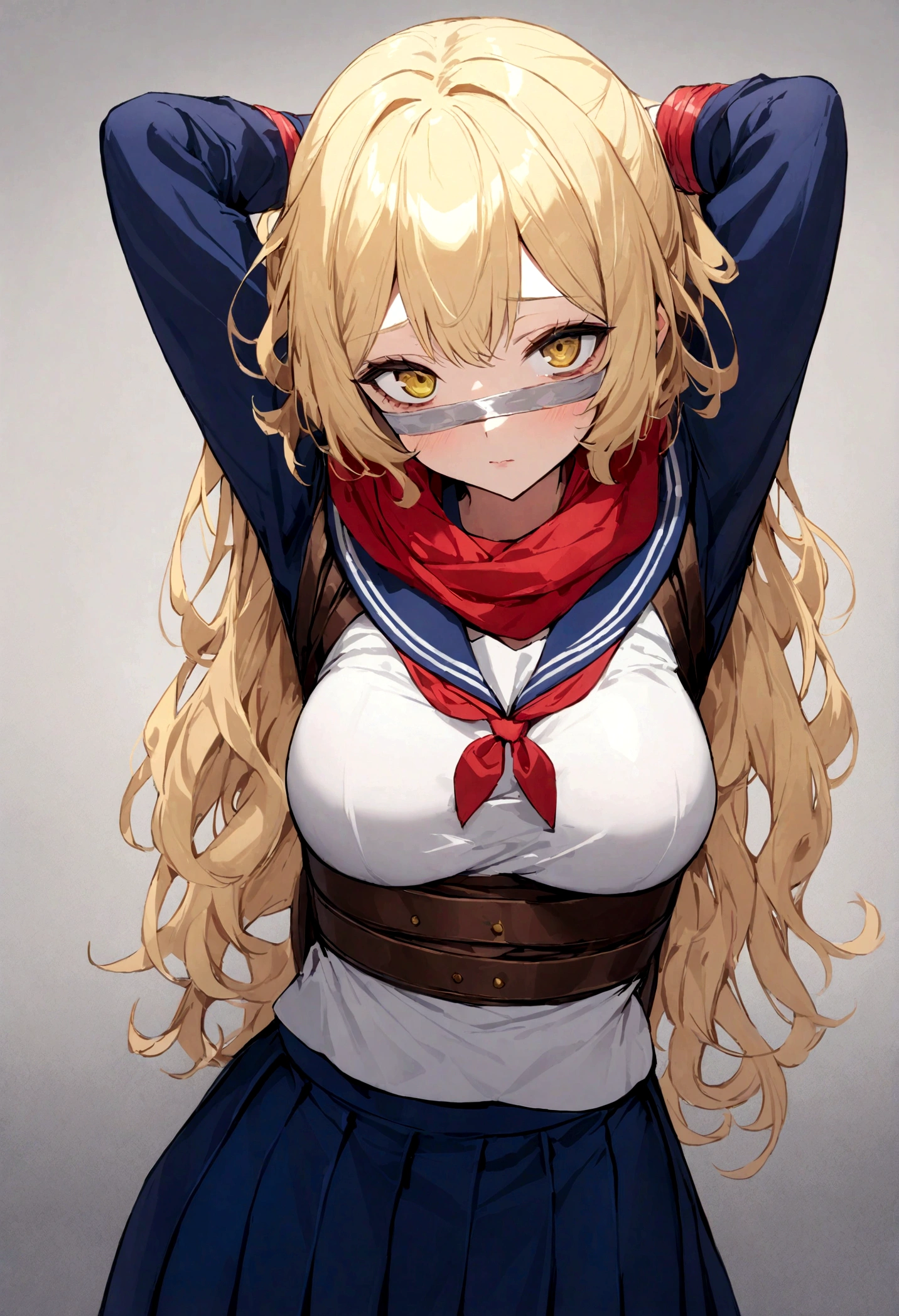himikotoganova, (1 girl, solo), blonde hair, double good, disheveled hair, bangs, (perfect eyes, yellow eyes), serafuku, bags under the eyes, (closed mouth), blue skirt, long sleeves, red scarf, breasts, looking at viewer, best quality), perfect eyes, tied, bondage, (arms pinned to the sides:1.4), bdsm, gag tape, tape, bondage tape, content,