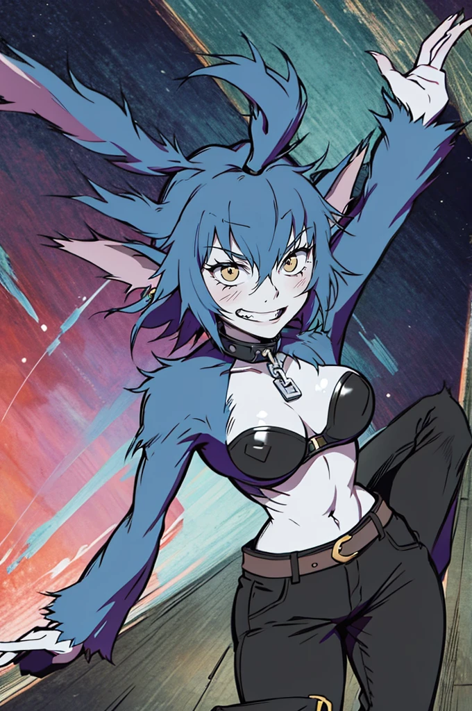 Wolfie, grin, leather pants, full body view, best quality, masterpiece