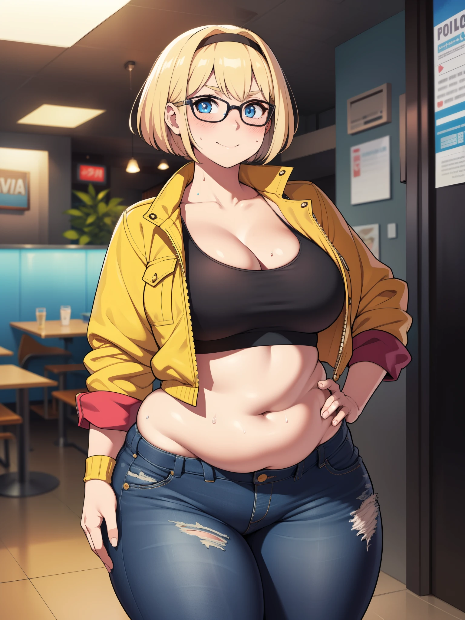 ((highres)), Masterpiece, high quality, best quality, beautiful, perfect lighting, detailed face, ultra cute face, sweating, (cowboy shot) ((1girl)), ((solo)), (blush), smile, blonde hair, blue eyes, glasses, crop top, jeans, jacket, skindentation, tight clothes, full body, fast food restaurant, (restaurant), medium breasts, perky breasts, cleavage, ((wide hips)), ((thick thighs)), ((chubby)), chubby belly, fat folds, standing, hand on hip, holding a soda,