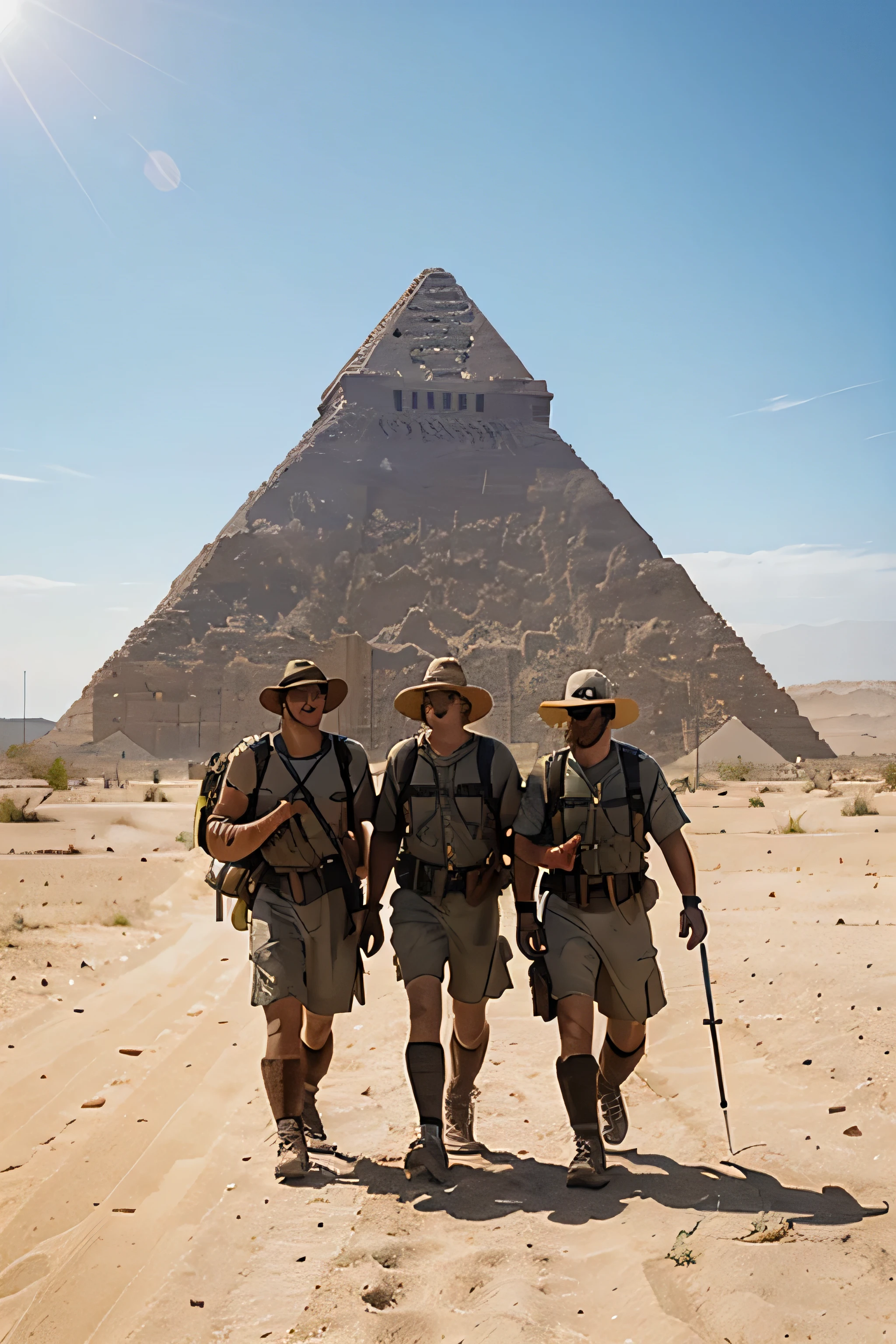 image shows a team of explorers trekking through the desert, dressed in sun-resistant clothing, carrying their bags and tools. They chat and laugh as they approach the towering pyramid visible in the horizon