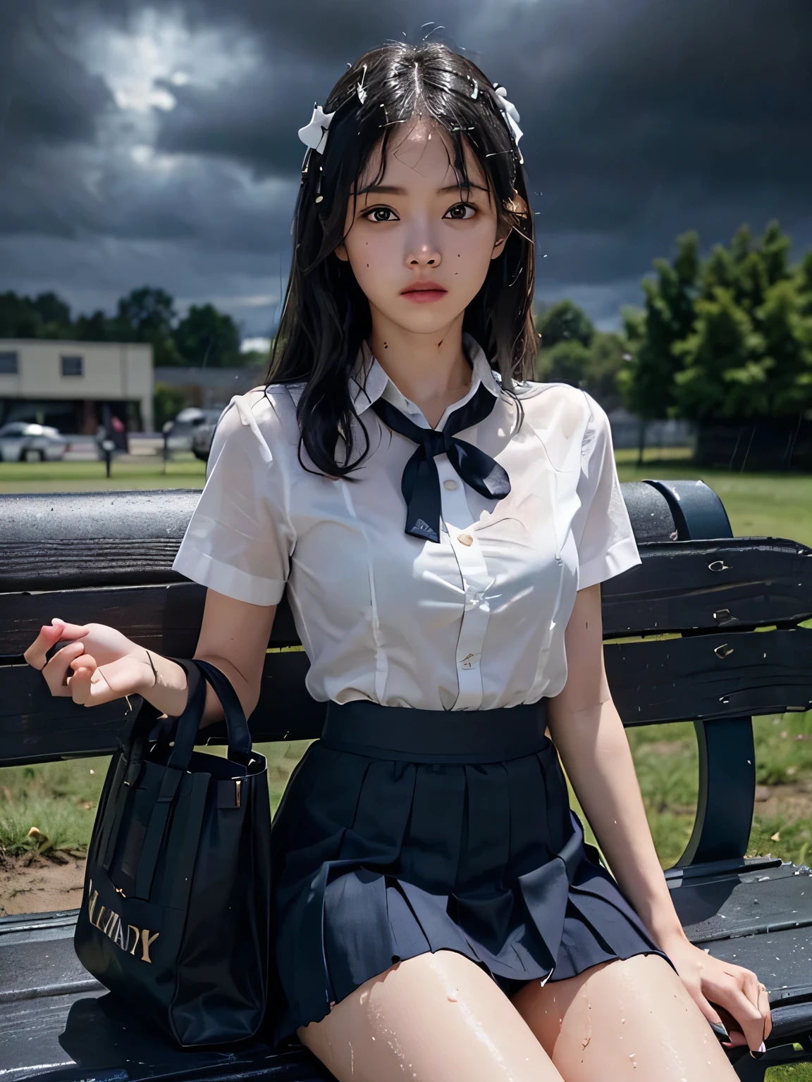 Very detailed CG Unity 8k wallpaper、highest quality、Very detailed、masterpiece、reality、reality、Very detailedなかわいい女の子、、((Dark rainy sky:1.4))、(A high school girl wearing a white shirt:1.7)、((Dark blue symmetrical ribbon:1.4))、((Navy blue short pleated skirt:1.5))、((White short-sleeved dress shirt for students:1.4))、((Shooting from the front:1.4))、((Shooting from a little below:1.4))、((Sitting on a park bench:1.4))、blush、Cleft lip、Looking at the audience、Semi Body Shot、(natural Park)、(National High School Designated Shoes)、((Dark blue panties:1.4))、(Long Hair Girl:1.7)、(Beautiful Face:1.3)、(Perfect balance:1.2)、(Long legs:1.2)、(Small breasts:1.3)、((Blouse wet in the rain))、(Bra is sheer)、(((Wet Hair)))、((Upper Body))、reality、((Sad look:1.4))、((A black bag is placed next to her:1.7))、