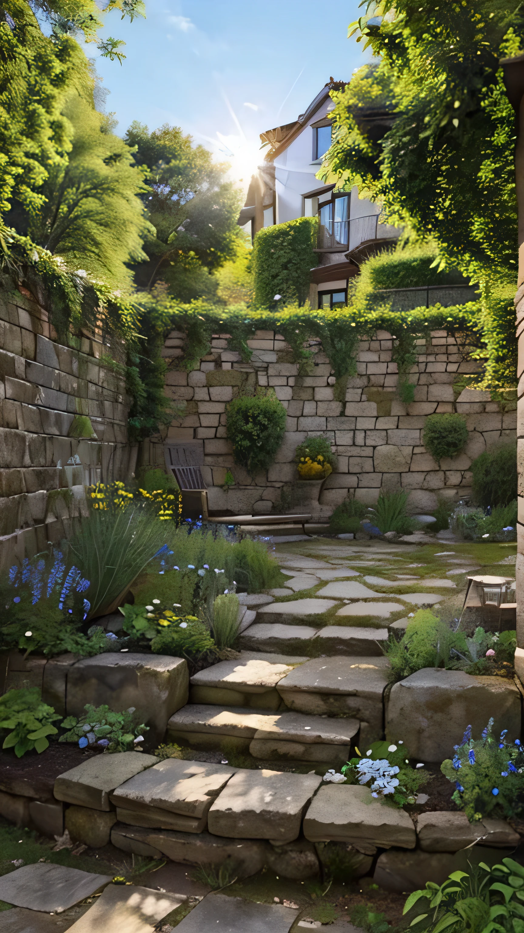 Natural garden landscape with plants around with loose stones and stone wall and delicate vertical garden behind and free space in the center of the image with clear sky with a sun and beautiful blue sky, 8k realistic photo.