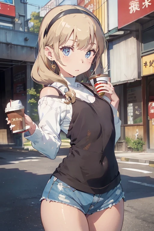 (masterpiece, Best Quality, ultra-detailed, high resolution, extremely detailed CG, official art, Professional Lighting, Perfect Anatomy, anime colors), (from below), looking at viewer, cowboy shot, perfect body, a 24yo beautiful girl, sidelocks, hairband, earrings,medium hips, glamorous body,a small face,beautiful-makeup,Makeup light,dark brown hair, Amazing Cleavage, thin waist, cute ass, Raised sexy, small breast: 1.2 posed cleavage:1.2, (off shoulders,Denimbra,legginullnude), micro denim shorts, bare legs, nail_polish, pale skin, Waiting friend, (morning:1.5), tokyo, (convenience store:1.3), outdoor, (depth of field:1.3), contrapposto, (Hold a coffee in your hand:1.3),delicate beautiful face, Bright blue eyes, cute eyes, sparkling eyes, Big eyes, (perky chest:1.1), (pointed chest:1.3), looking at viewer,