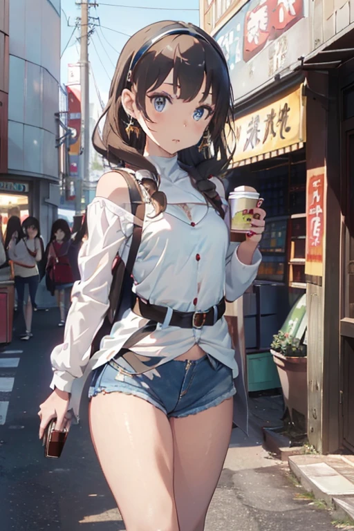 (masterpiece, Best Quality, ultra-detailed, high resolution, extremely detailed CG, official art, Professional Lighting, Perfect Anatomy, anime colors), (from below), looking at viewer, cowboy shot, perfect body, a 24yo beautiful girl, sidelocks, hairband, earrings,medium hips, glamorous body,a small face,beautiful-makeup,Makeup light,dark brown hair, Amazing Cleavage, thin waist, cute ass, Raised sexy, small breast: 1.2 posed cleavage:1.2, (off shoulders,Denimbra,legginullnude), micro denim shorts, bare legs, nail_polish, pale skin, Waiting friend, (morning:1.5), tokyo, (convenience store:1.3), outdoor, (depth of field:1.3), contrapposto, (Hold a coffee in your hand:1.3),delicate beautiful face, Bright blue eyes, cute eyes, sparkling eyes, Big eyes, (perky chest:1.1), (pointed chest:1.3), looking at viewer,
