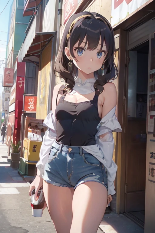 (masterpiece, Best Quality, ultra-detailed, high resolution, extremely detailed CG, official art, Professional Lighting, Perfect Anatomy, anime colors), (from below), looking at viewer, cowboy shot, perfect body, a 24yo beautiful girl, sidelocks, hairband, earrings,medium hips, glamorous body,a small face,beautiful-makeup,Makeup light,dark brown hair, Amazing Cleavage, thin waist, cute ass, Raised sexy, small breast: 1.2 posed cleavage:1.2, (off shoulders,Denimbra,legginullnude), micro denim shorts, bare legs, nail_polish, pale skin, Waiting friend, (morning:1.5), tokyo, (convenience store:1.3), outdoor, (depth of field:1.3), contrapposto, (Hold a coffee in your hand:1.3),delicate beautiful face, Bright blue eyes, cute eyes, sparkling eyes, Big eyes, (perky chest:1.1), (pointed chest:1.3), looking at viewer,
